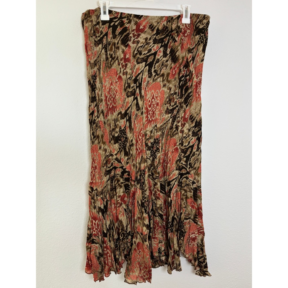 Allison Taylor Cotton Midi Skirt XL Brown Coral Abstract Floral Ruffle Hem